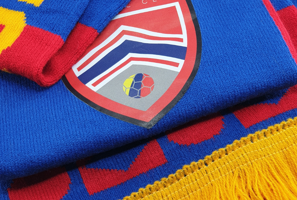 logo printed heat transfer applied to knitted scarf